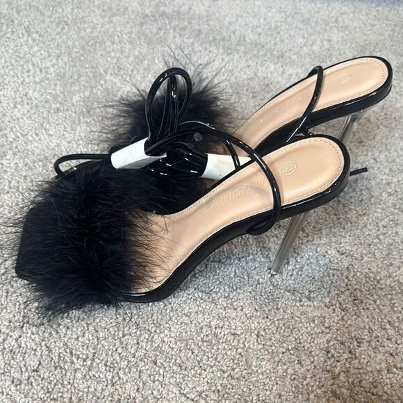 Women Wild Diva Black Open Toe Feathered Lace Up Stiletto High Heel Size 6.5 NEW - Picture 7 of 12